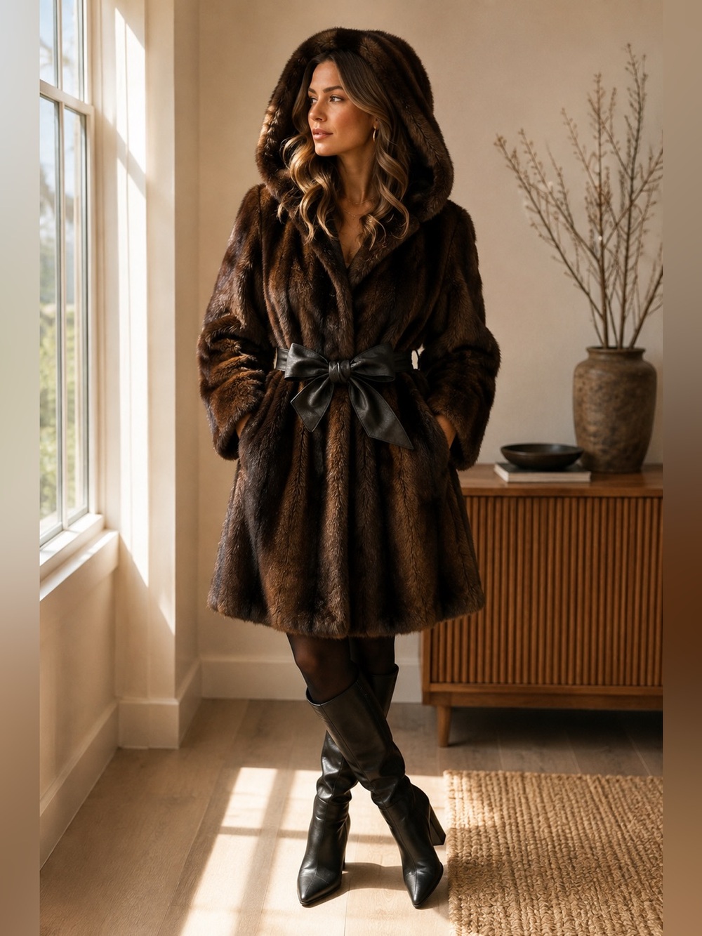 Vintage Zimmerman Furs Brown Faux Fur Hooded Coat Belted 70s Glam